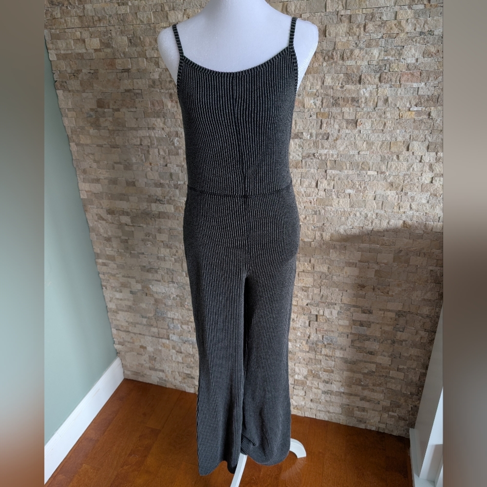 Ribbed Grey Black Cami Pant Wide Leg Jumpsuit Loungewear Elevated Basic Sz Large
